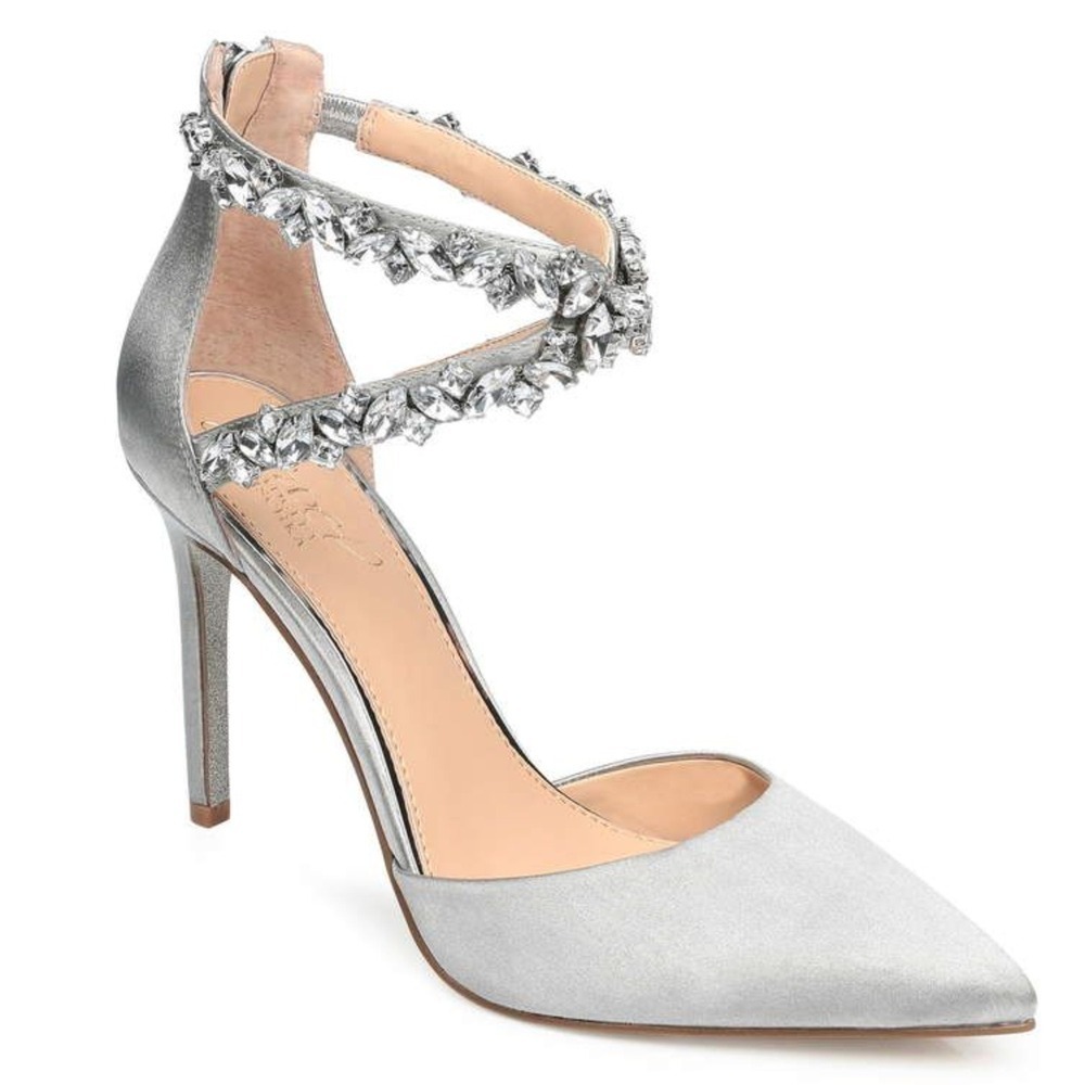 B39 Badgley Mischka Jazmine Pumps 6.5 Silver Satin Embellished Pointed Toe Brida